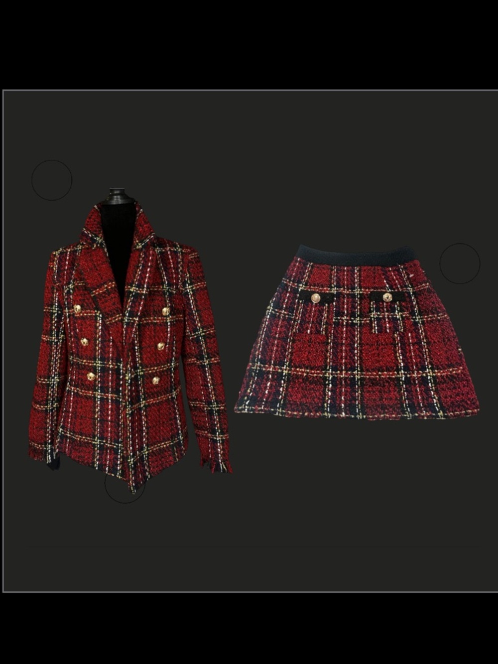 SHEIN Red Plaid Tweed Blazer Skirt Set Gold Crest Buttons XS Professional Hem